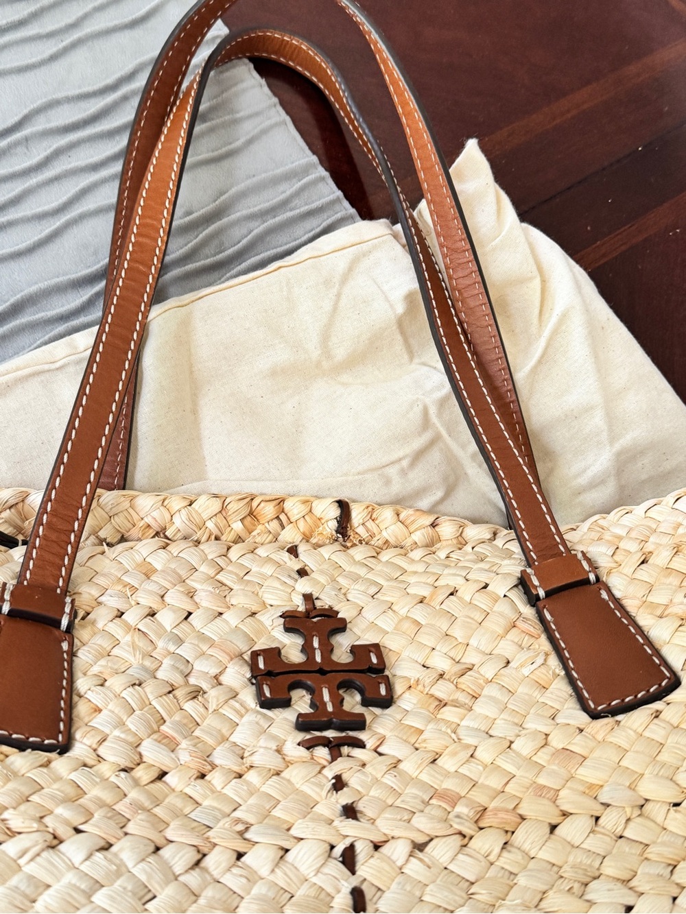 Tory Burch McGraw Straw Shopper Tote Natural Woven Raffia Leather Pouch Dustbag - Picture 4 of 16